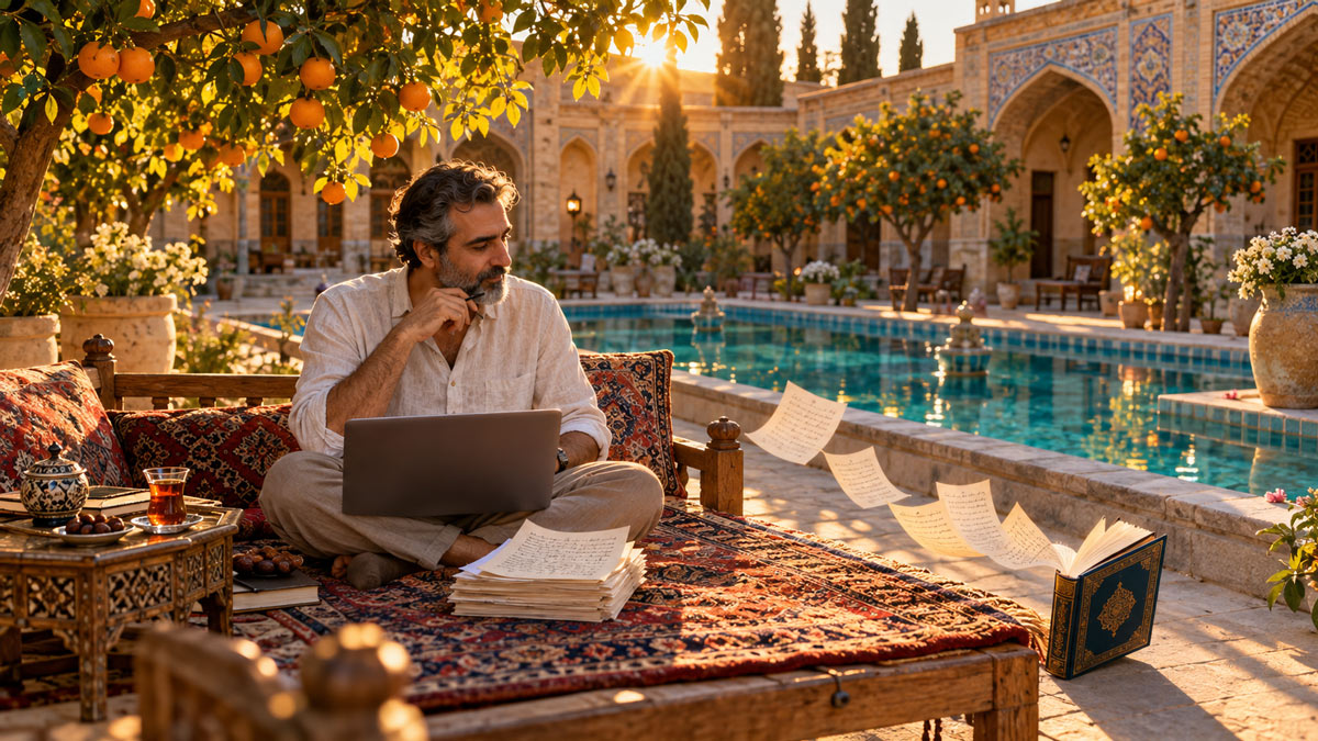 نویسندهٔ میان‌سال روی تخت چوبی حیاط ایرانی در نور غروب؛ برگه‌های دست‌نویس در باد به کتابی صحافی‌شده تبدیل می‌شوند