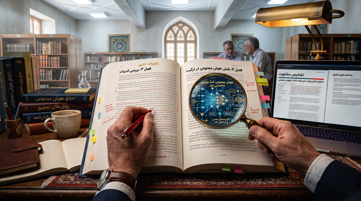 نمای نزدیک از یک پایان‌نامه فارسی روی میز دفاع که زیر ذره‌بین، متن چاپی به مدارهای هوش مصنوعی تبدیل شده و در پس‌زمینه اساتید داور در فضایی دانشگاهی حضور دارند