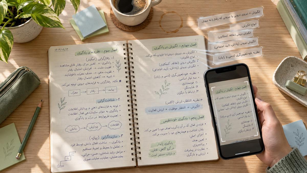 نمای از بالای میز چوبی روشن در نور صبح: جزوهٔ دست‌نویس فارسی و گوشی‌ای که سطرهایش را به متن تایپی تبدیل می‌کند