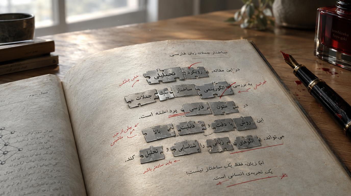 کتاب بازی با قطعات پازل فلزی روی متن ساختار زبان فارسی و یادداشت‌های ویرایشی با جوهر قرمز