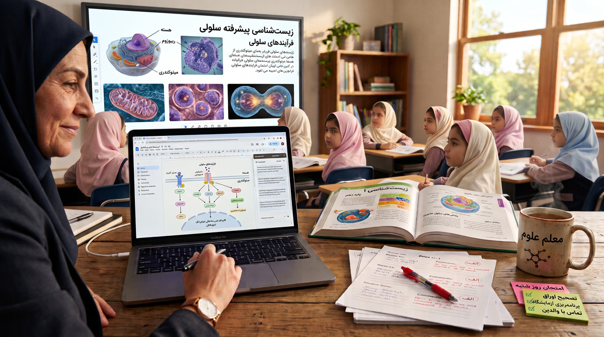نمای زاویه‌دار از میز کار یک معلم زن محجبه ایرانی در حال کار با لپ‌تاپ، به همراه کتاب زیست‌شناسی، در کلاسی با دانش‌آموزان دختر و تخته هوشمند دیجیتال