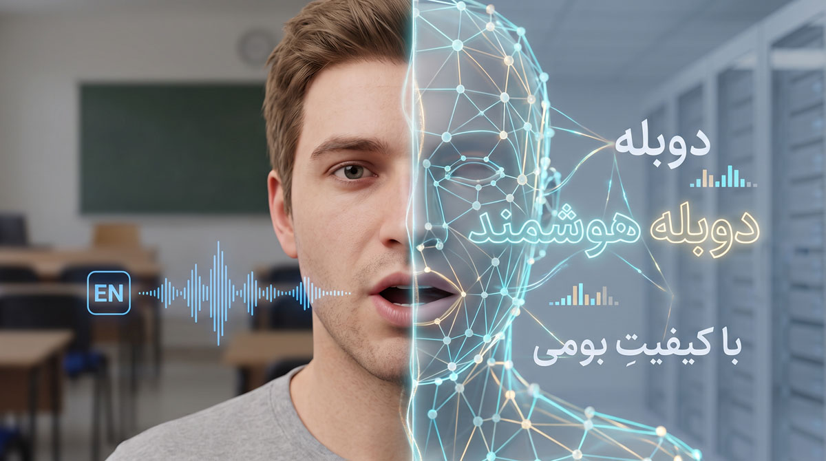 چهره مرد جوان با پوشش مدل سه‌بعدی و امواج صوتی معرف فناوری دوبله هوشمند